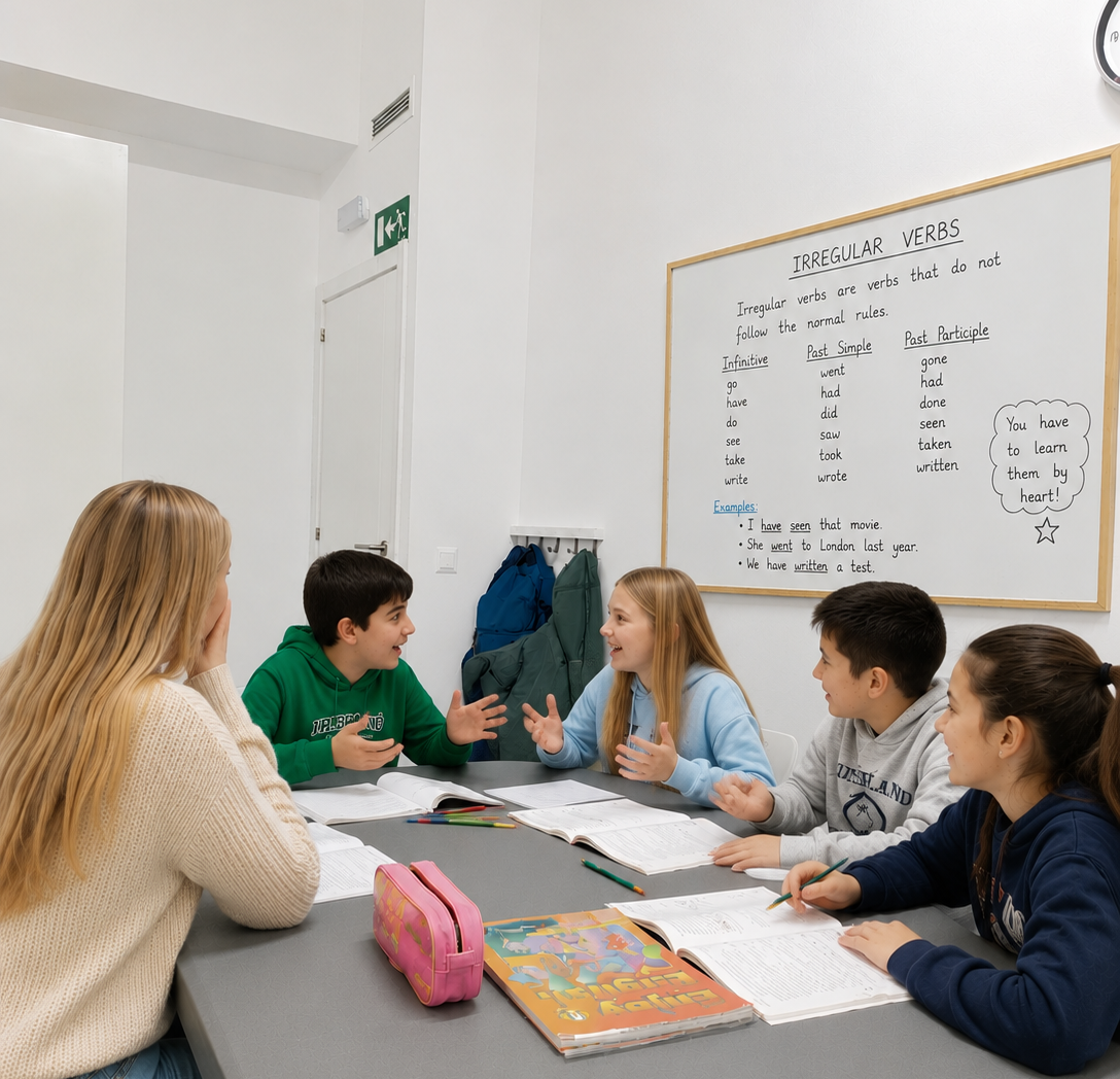 Nens debatint sobre els verbs irregulars